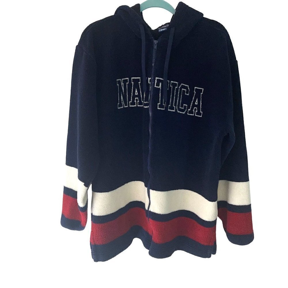 Nautica Mens Fleece Jacket Size Medium Vintage Tricolor Red White Blue Zip Front